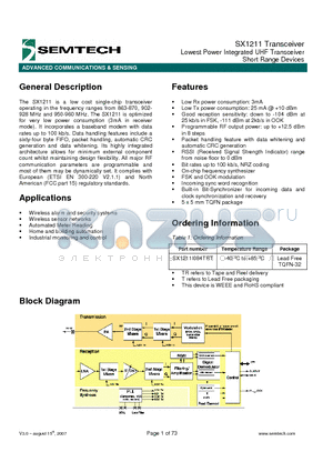 SX1211 datasheet - Lowest Power Integrated UHF Transceiver Short Range Devices