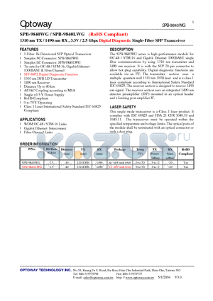 SPB-9840WG datasheet - 1310 nm TX / 1490 nm RX , 3.3V / 2.5 Gbps Digital Diagnostic Single-Fiber SFP Transceiver