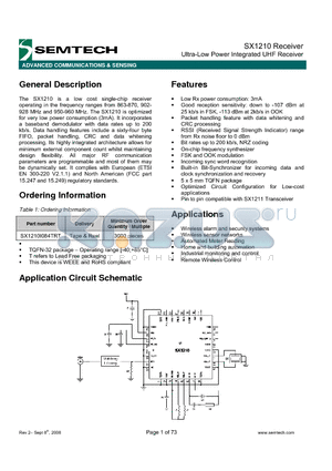 SX1210I084TRT datasheet - Ultra-Low Power Integrated UHF Receiver