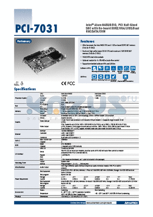 PCI-7031 datasheet - Intel^ Atom N450/D510, PCI Half-Sized SBC with On-board DDR2/VGA/LVDS/Dual GbE/SATA/COM