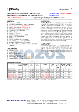 SPB-9905ARLWG datasheet - 1490 nm TX / 1310 nm RX , 3.3V / 3.2 Gb/s Digital Diagnostic Single-Fiber SFP Transceiver