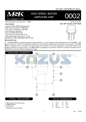 MSK0002 datasheet - HIGH SPEED, BUFFER AMPLIFIER AMP