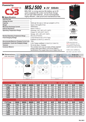 MSJ500 datasheet - a long sevice life battery up to 20years expected life under normal float charge