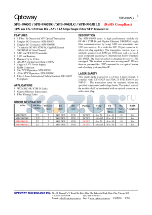 SPB-9905BLG datasheet - 1490 nm TX / 1310 nm RX , 3.3V / 2.5 Gbps Single-Fiber SFP Transceiver