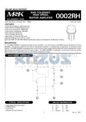 MSK0002KRH datasheet - RAD TOLERANT, HIGH SPEED, BUFFER AMPLIFIER