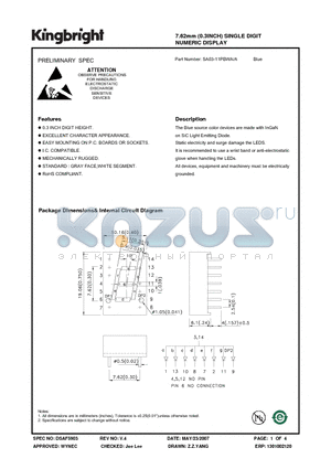 SA03-11PBWA/A datasheet - 7.62mm (0.3INCH) SINGLE DIGIT NUMERIC DISPLAY