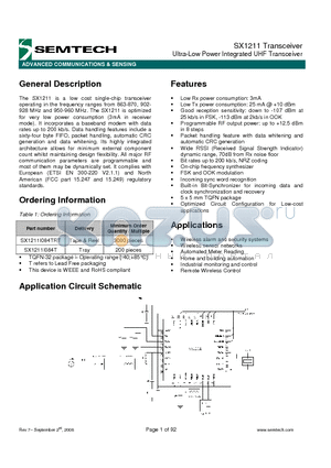 SX1211I084T datasheet - Ultra-Low Power Integrated UHF Transceiver