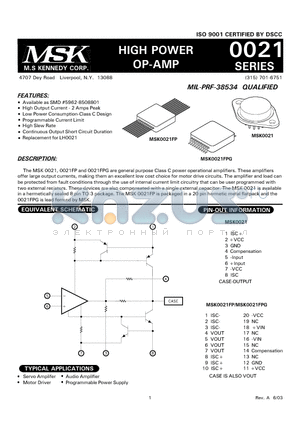 MSK0021B datasheet - HIGH POWER OP-AMP