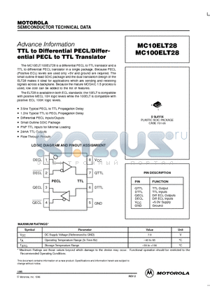 MC10ELT28 datasheet - TTL to Differential PECL/Differential PECL to TTL Translator