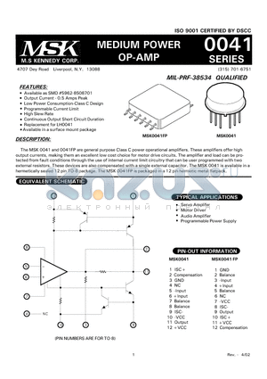 MSK0041 datasheet - HIGH POWER OP-AMP