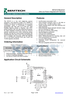 SX1213 datasheet - Ultra-Low Power Integrated UHF Receiver