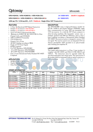SPB-9920AMG datasheet - 1490 nm TX / 1310 nm RX , 3.3V / Multirate Single-Fiber SFP Transceiver