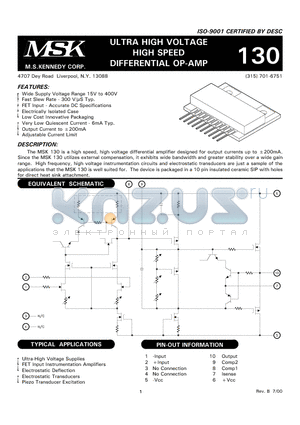 MSK130 datasheet - ULTRA HIGH VOLTAGE HIGH SPEED DIFFERENTIAL OP-AMP