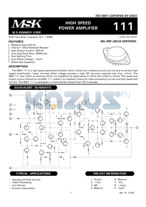 MSK111H datasheet - HIGH SPEED POWER AMPLIFIER