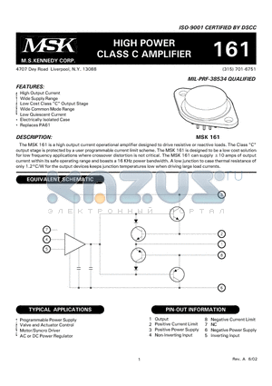 MSK161 datasheet - HIGH POWER CLASS C AMPLIFIER