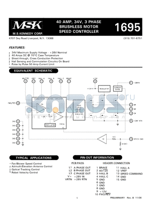 MSK1695 datasheet - 40 AMP, 34V, 3 PHASE BRUSHLESS MOTOR SPEED CONTROLLER