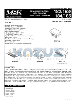 MSK183 datasheet - DUAL HIGH VOLTAGE/ HIGH CURRENT OPERATIONAL AMPLIFIER