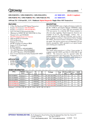 SPB-9920MWG datasheet - 1490 nm TX / 1310 nm RX , 3.3V / Multirate Digital Diagnostic Single-Fiber SFP Transceiver