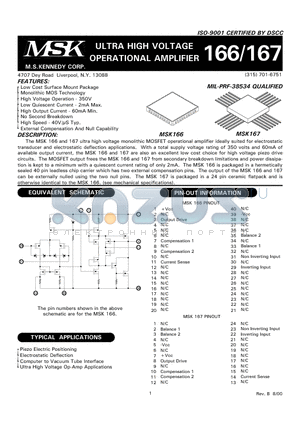 MSK166 datasheet - ULTRA HIGH VOLTAGE OPERATIONAL AMPLIFIER