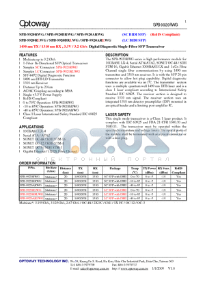SPB-9920RWG datasheet - 1490 nm TX / 1310 nm RX , 3.3V / 3.2 Gb/s Digital Diagnostic Single-Fiber SFP Transceiver
