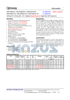 SPB-9940AMLWG datasheet - 1490 nm TX / 1310 nm RX , 3.3V / Multirate Digital Diagnostic Single-Fiber SFP Transceiver