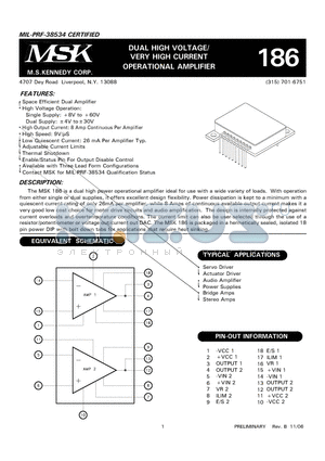 MSK186HS datasheet - DUAL HIGH VOLTAGE/  VERY HIGH CURRENT OPERATIONAL AMPLIFIER