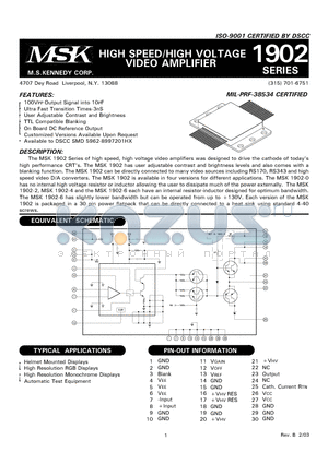 MSK1902-6 datasheet - HIGH SPEED/HIGH VOLTAGE VIDEO AMPLIFIER