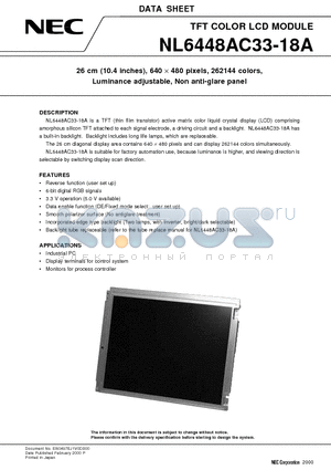 NL6448AC33-18 datasheet - 26 cm 10.4 inches, 640 x 480 pixels, 262144 colors, Luminance adjustable, Non anti-glare panel