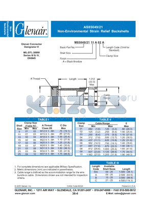 M85049-2111A01 datasheet - Non-Environmental Strain Relief Backshells