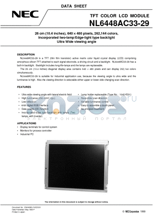 NL6448AC33-29 datasheet - 26 cm 10.4 inches, 640 x 480 pixels, 262,144 colors, Incorporated two-lamp/Edge-light type backlight Ultra Wide viewing angle