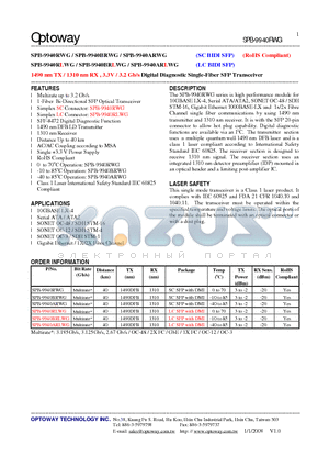 SPB-9940BRLWG datasheet - 1490 nm TX / 1310 nm RX , 3.3V / 3.2 Gb/s Digital Diagnostic Single-Fiber SFP Transceiver