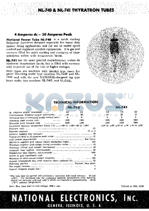 NL741 datasheet - THYRATRON TUBES 4 Amperes dc - 50 Amperes Peak