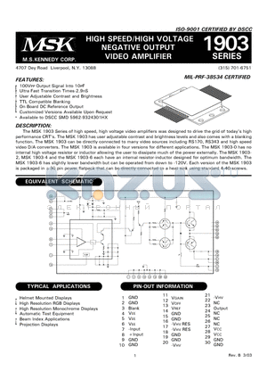 MSK1903-6 datasheet - HIGH SPEED/HIGH VOLTAGE NEGATIVE OUTPUT VIDEO AMPLIFIER