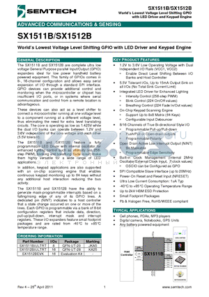 SX1511B_11 datasheet - Worlds Lowest Voltage Level Shifting GPIO with LED Driver and Keypad Engine