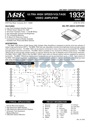 MSK1932D-6 datasheet - ULTRA HIGH SPEED/VOLTAGE VIDEO AMPLIFIER