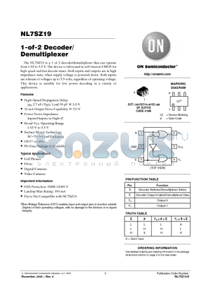 NL7SZ19 datasheet - 1-of-2 Decoder/ Demultiplexer