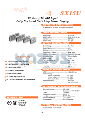 SX15U-15S datasheet - 15 Watt,120 VAC Input Fully Enclosed Switchiing Power Supply