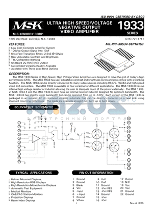 MSK1933U-6 datasheet - ULTRA HIGH SPEED/VOLTAGE NEGATIVE OUTPUT VIDEO AMPLIFIER