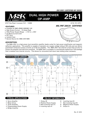 MSK2541 datasheet - DUAL HIGH POWER OP-AMP