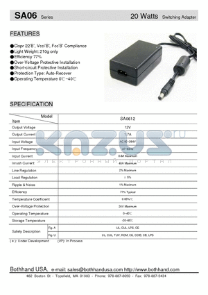 SA0612 datasheet - 20 Watts Switching Adapter