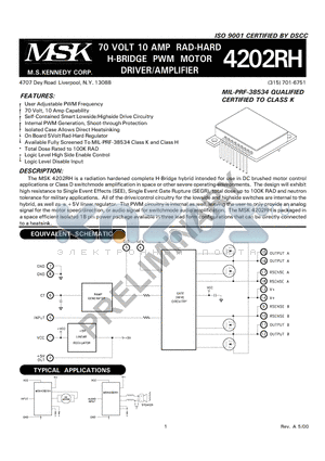 MSK4202KRHD datasheet - 70 VOLT 10 AMP RAD-HARD H-BRIDGE PWM MOTOR DRIVER/AMPLIFIER