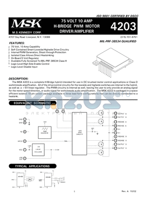 MSK4203U datasheet - 75 VOLT 10 AMP H-BRIDGE PWM MOTOR DRIVER/AMPLIFIER