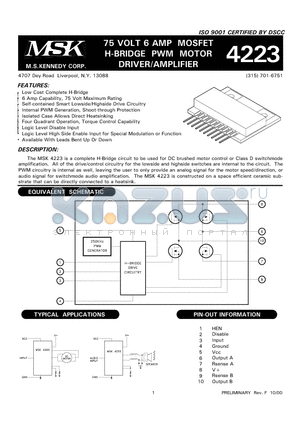 MSK4223 datasheet - 75 VOLT 6 AMP MOSFET H-BRIDGE PWM MOTOR DRIVER/AMPLIFIER