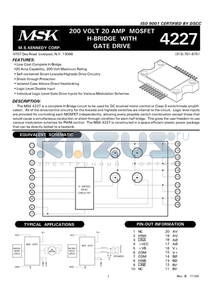 MSK4227G datasheet - 200 VOLT 20 AMP MOSFET H-BRIDGE WITH GATE DRIVE GATE DRIVE