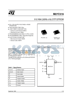 M27C516-10XC1TR datasheet - 512 Kbit 32Kb x16 OTP EPROM