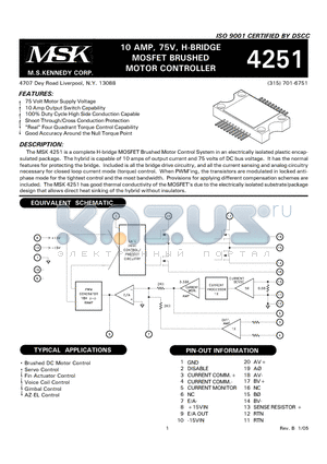 MSK4251U datasheet - 10 AMP, 75V, H-BRIDGE MOSFET BRUSHED MOTOR CONTROLLER