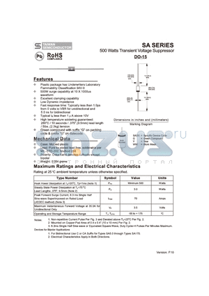 SA10 datasheet - 500 Watts Transient Voltage Suppressor