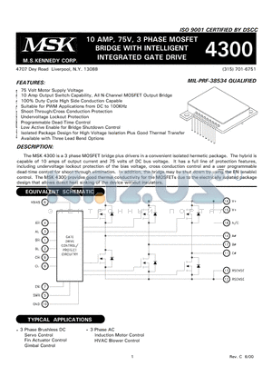 MSK4300HD datasheet - 10 AMP, 75V, 3 PHASE MOSFET BRIDGE WITH INTELLIGENT INTEGRATED GATE DRIVE