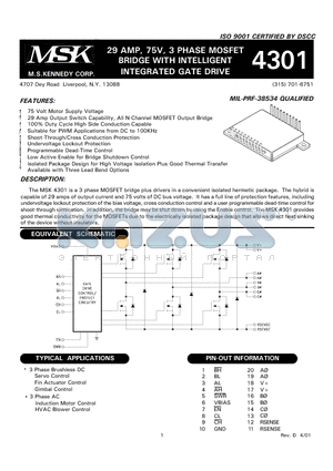 MSK4301HD datasheet - 29 AMP, 75V, 3 PHASE MOSFET BRIDGE WITH INTELLIGENT INTEGRATED GATE DRIVE