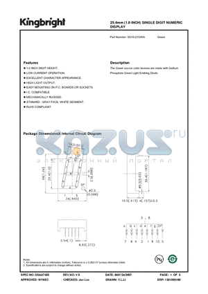 SA10-21GWA datasheet - 25.4mm (1.0 INCH) SINGLE DIGIT NUMERIC DISPLAY
